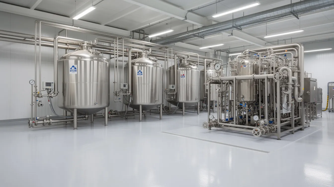 608e173a 8f44 4a21 b0de cd776155cfe1 The image depicts a clean and organized dairy processing plant featuring industrial stainless steel equipment, including large tanks and extensive piping systems used for milk processing. This setup is essential for the production of various dairy products, ensuring quality assurance in the dairy industry.