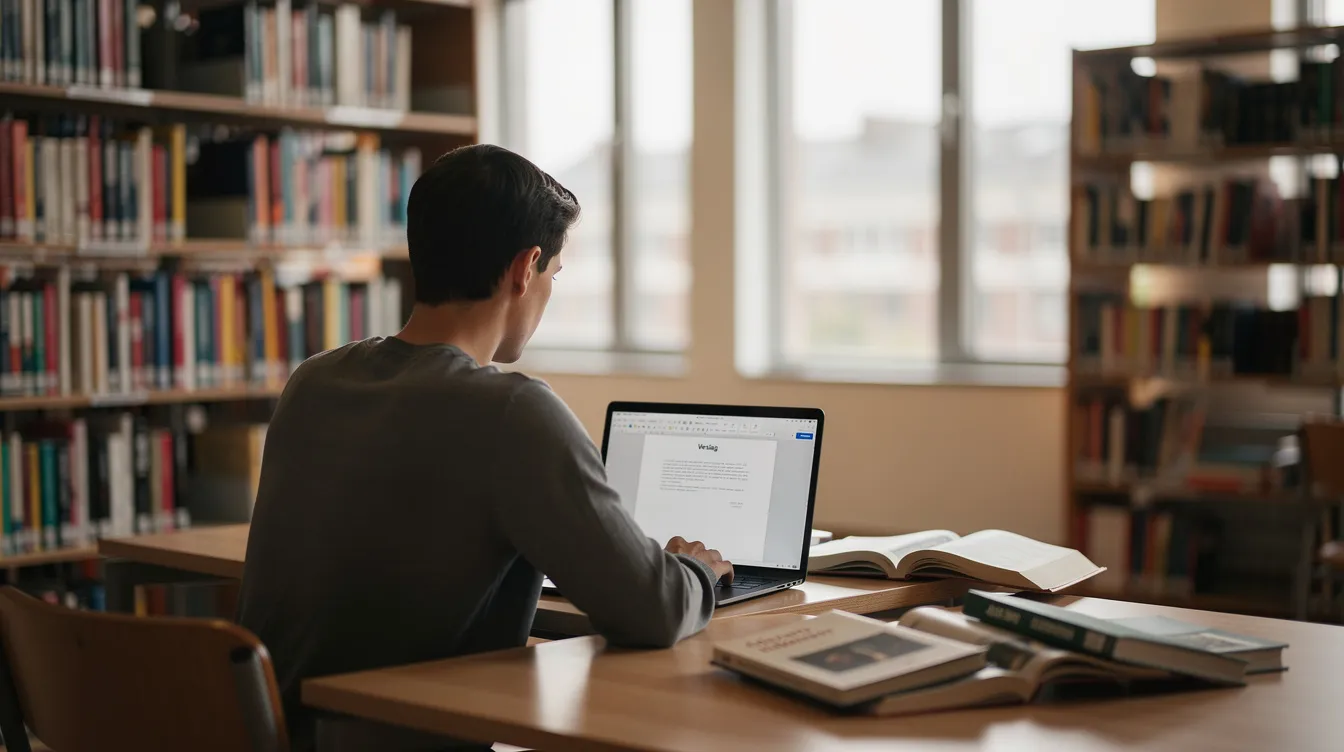 Een persoon zit met een laptop in een bibliotheekruimte, omringd door boeken en studiematerialen. Ze lijken te werken met een webbrowser, mogelijk Google Chrome of Microsoft Edge, terwijl ze toegang proberen te krijgen tot waardevolle informatie en gratis artikelen.