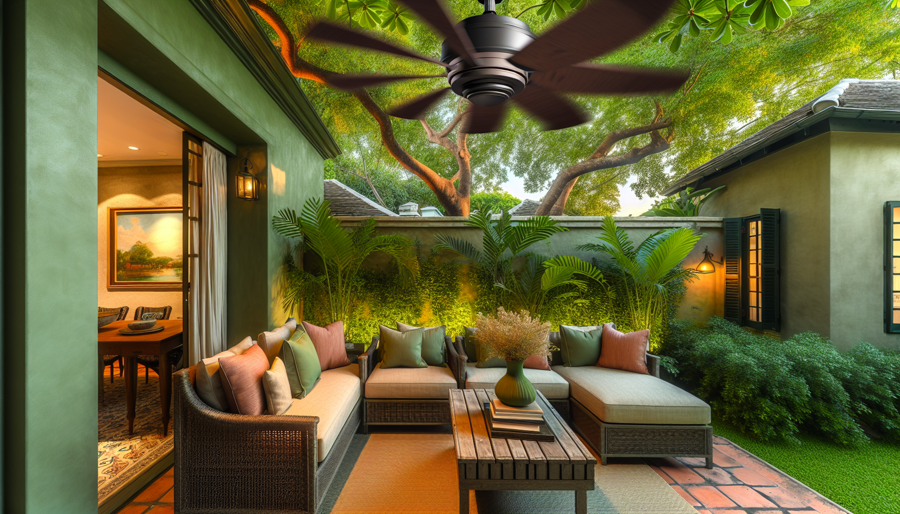 Outdoor patio with a ceiling fan providing a cooling breeze