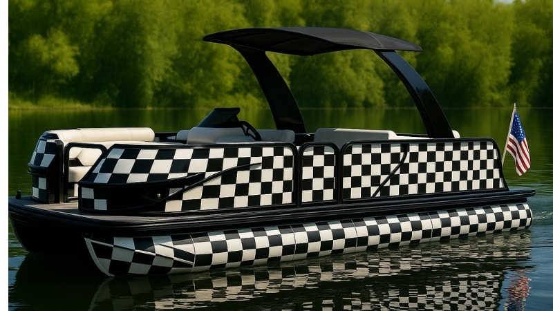 Pontoon boat wrapped in checkered vinyl wrap