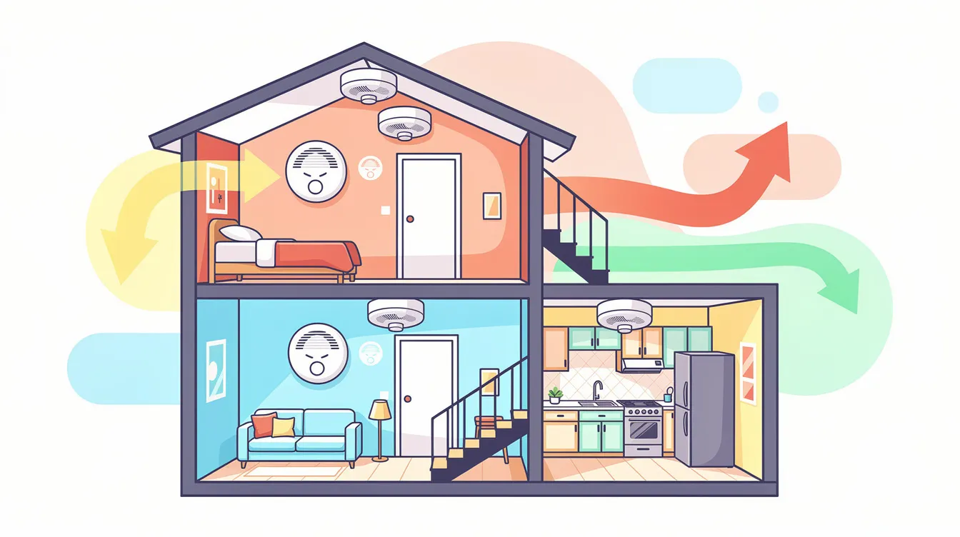 Illustration of smoke alarms installed in a home for fire safety.