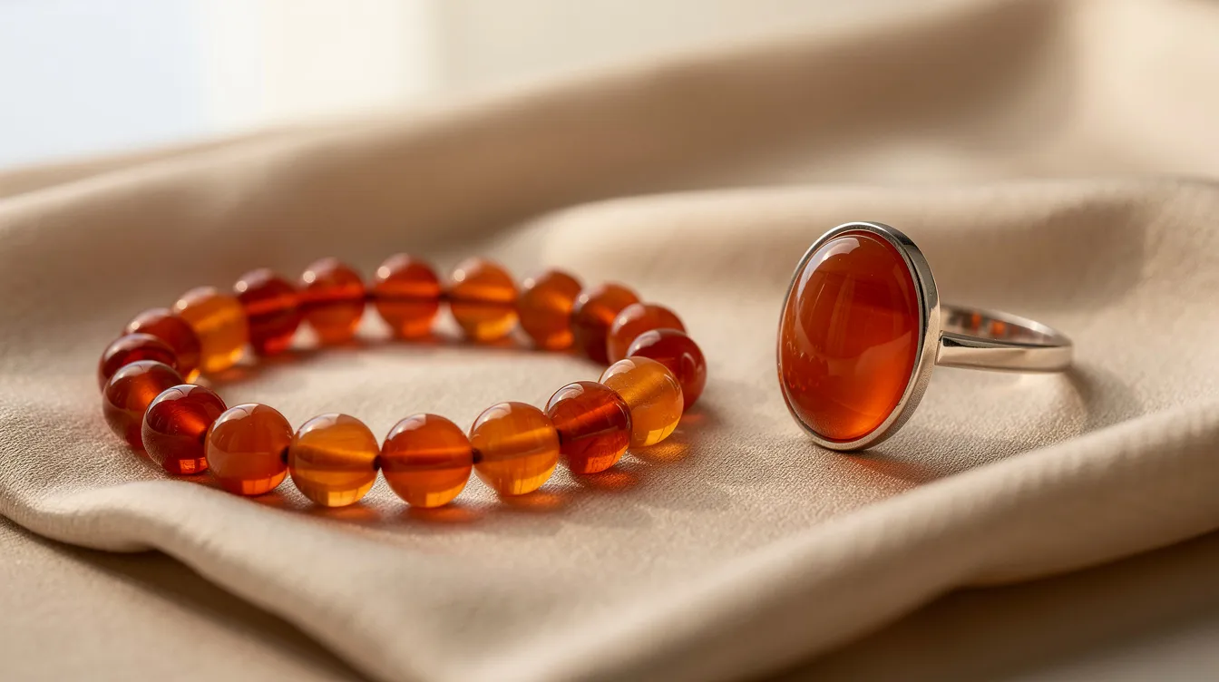 The image features modern carnelian jewelry, including a beaded bracelet and a cabochon ring, displayed elegantly on a neutral fabric background. The vibrant red stone, known for its shades of orange and yellowish red, showcases the beauty of precious stones with its characteristic white bands and smooth finish.
