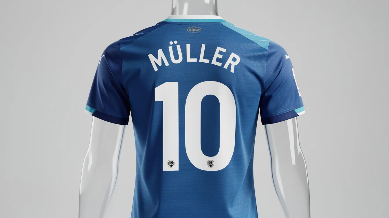 Die Rückansicht eines bunten Kinderfußballtrikots zeigt den aufgedruckten Namen und die Nummer eines jungen Spielers. Das Trikot ist ein wichtiger Artikel für den Mannschaftssport und symbolisiert Teamgeist und Zugehörigkeit.