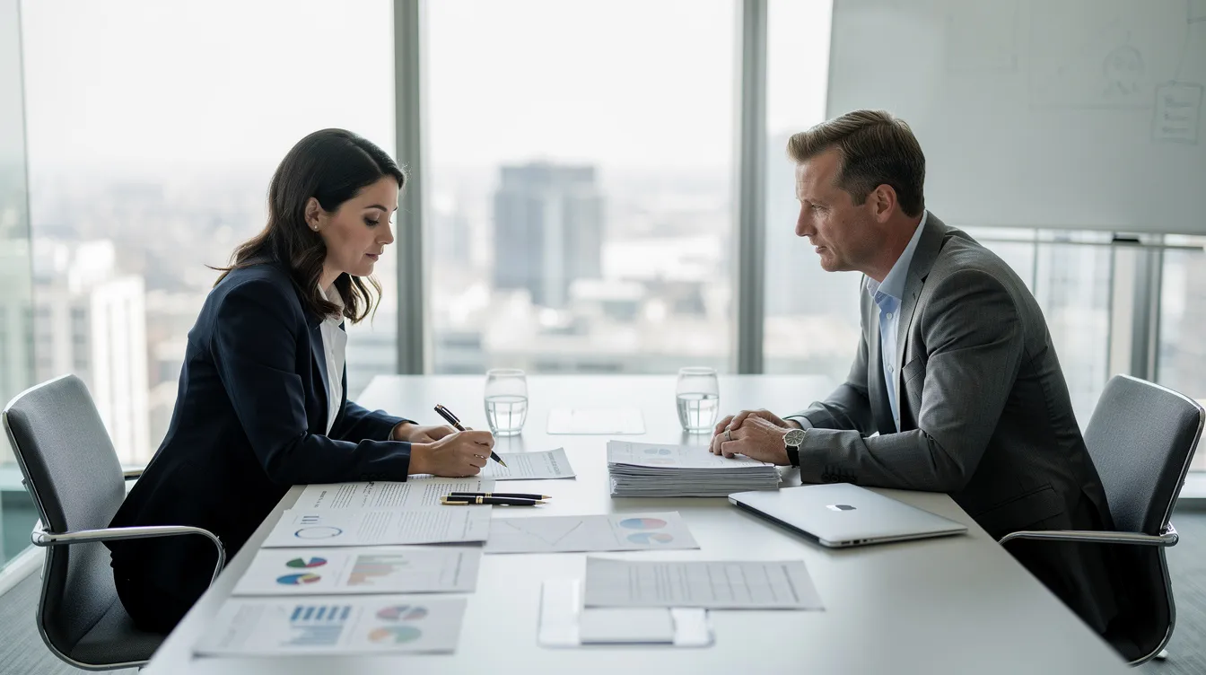 The image depicts a professional business meeting where two individuals are engaged in reviewing documents laid out on a table, likely discussing strategies for franchise recruitment and the development of a successful franchise network. This scene represents the collaboration essential in the franchise industry for identifying potential franchisees and enhancing business models.