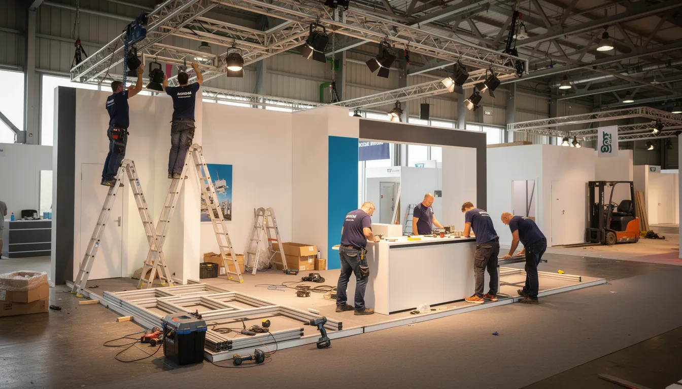 A team of exhibition stand builders is diligently assembling a trade show booth at a venue, showcasing their expertise in custom exhibit design. The scene captures the collaborative effort involved in creating a visually impactful display for an upcoming trade fair.