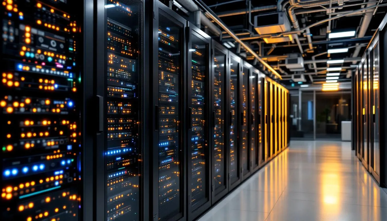 Imagen de un moderno centro de datos que muestra múltiples servidores alineados en estanterías, con luces LED que indican su funcionamiento. La infraestructura tecnológica está diseñada para optimizar el rendimiento y la seguridad, reflejando las ventajas fiscales y de protección de activos que ofrecen las empresas en Estados Unidos.