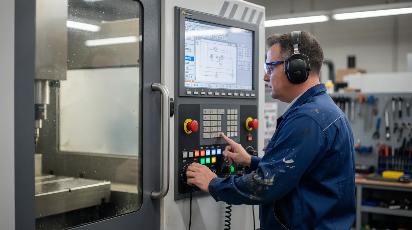 The image shows a CNC machine operator standing at a large control panel, intently reviewing settings on a digital screen to ensure the CNC machines operate accurately. This scene highlights the importance of computer numerical control in modern manufacturing and the precision required in the CNC machining process.