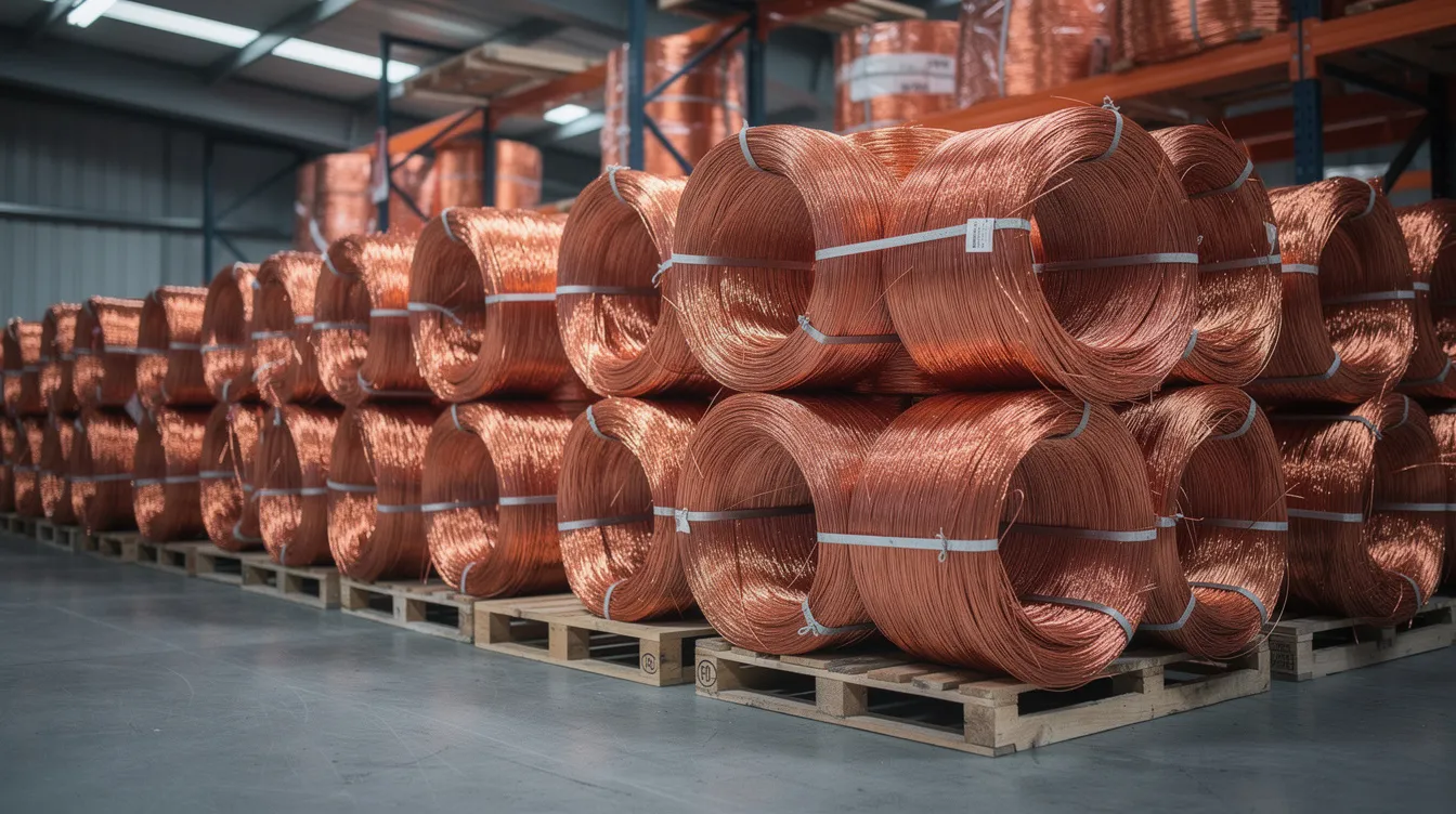 609846ce c753 4ecc 94ca 9db39639570e The image shows bundles of stripped copper wire neatly stacked in a warehouse, highlighting a key component of the scrap metal business. This setup reflects the organized storage of valuable scrap materials, essential for scrap dealers and recycling plants in the metal scrap industry.