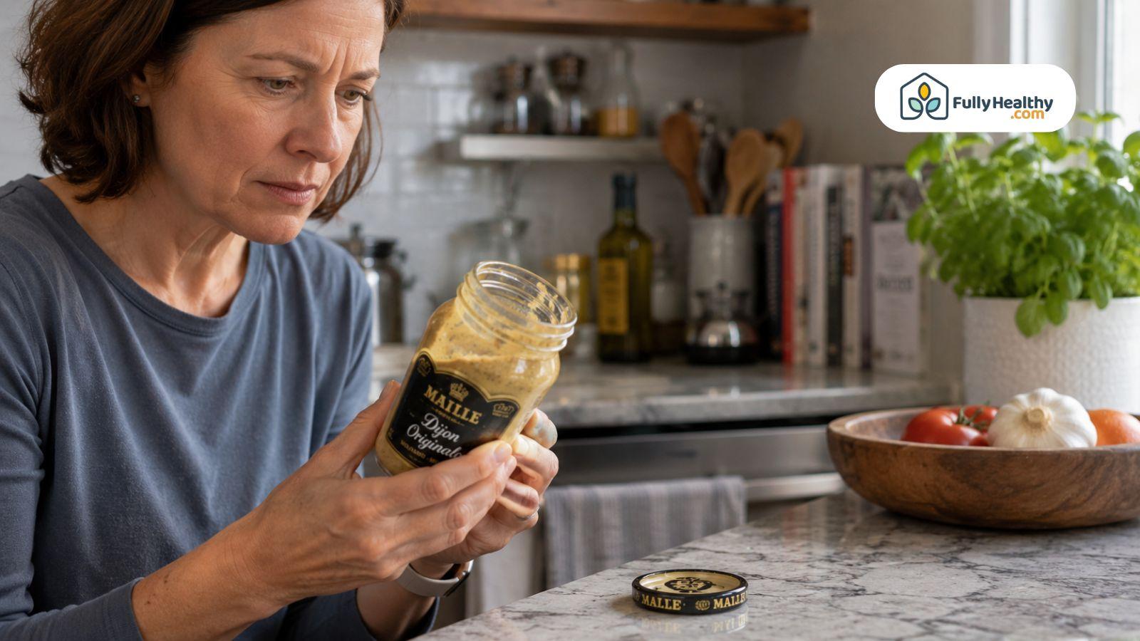 Woman inspecting opened Dijon mustard jar for spoilage signs
