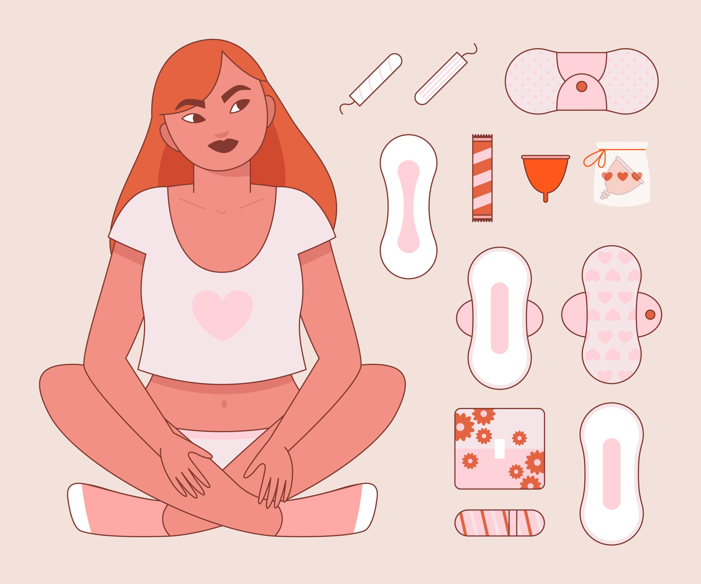 cartoon woman sitting, surrounded by period products