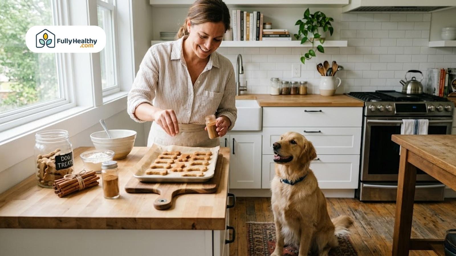 Woman baking homemade dog treats while golden retriever watches attentively