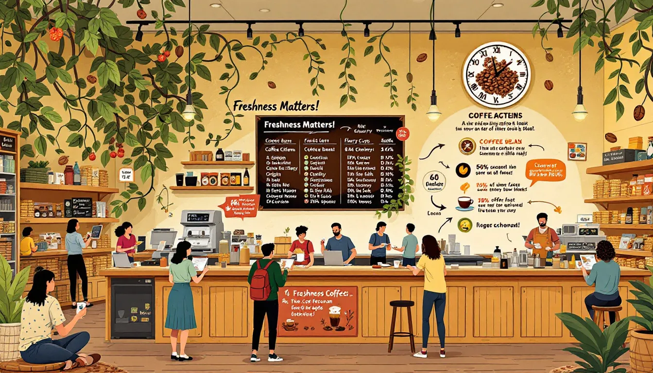 A vibrant coffee shop scene filled with customers buying fresh coffee beans, emphasizing the importance of freshness.