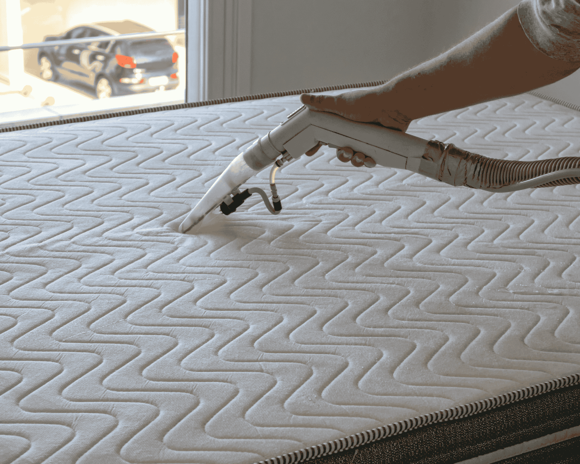 Close-up of a person using a professional extraction tool to clean a mattress with a quilted zigzag pattern. The nozzle is pressed into the fabric, and part of the person's arm is visible holding the handle. A car is seen through the window in the background