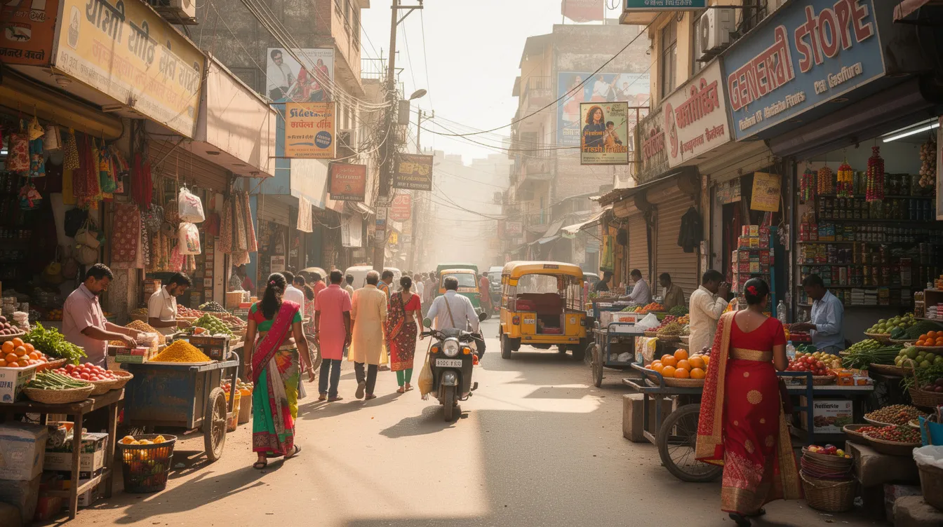 609faf74 849b 4392 905c 40faabeae3d7 The image depicts a bustling Indian market street filled with various shops showcasing a wide array of products, from textiles to food items. The vibrant atmosphere reflects the commercial activity and customer demand, highlighting the potential for aspiring business owners to explore profitable dealership business ideas in this dynamic environment.