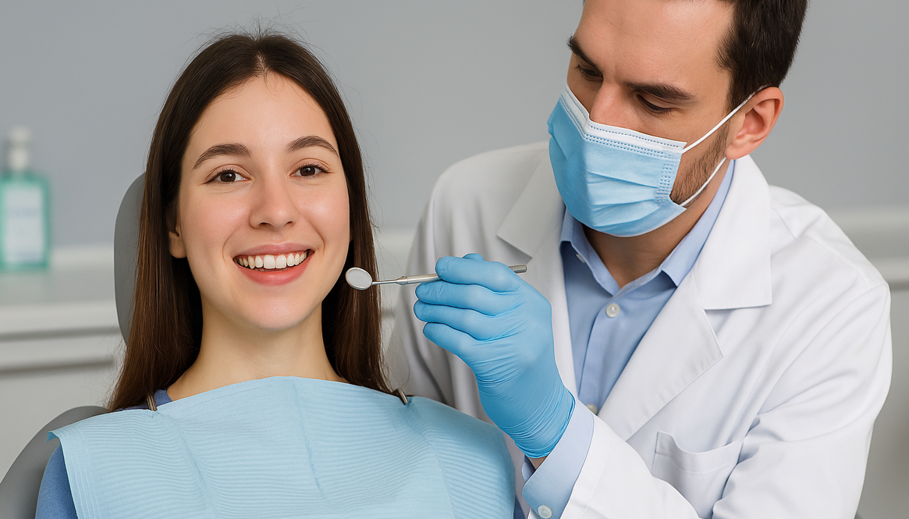 Student smiler under tannlegekontroll i moderne klinikk med rolig atmosfære og profesjonell tannlege i arbeid.