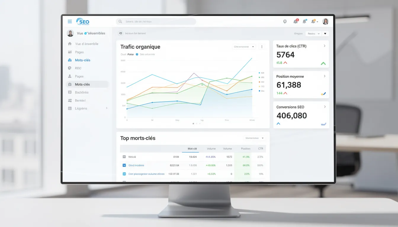 L'image représente un tableau de bord d'analyse SEO, affichant des métriques de performance essentielles telles que le trafic organique, le classement des mots clés et le taux de conversion. Ce tableau est un outil clé pour une agence de référencement, permettant d'optimiser la stratégie SEO d'un site internet et d'améliorer sa visibilité sur les moteurs de recherche.