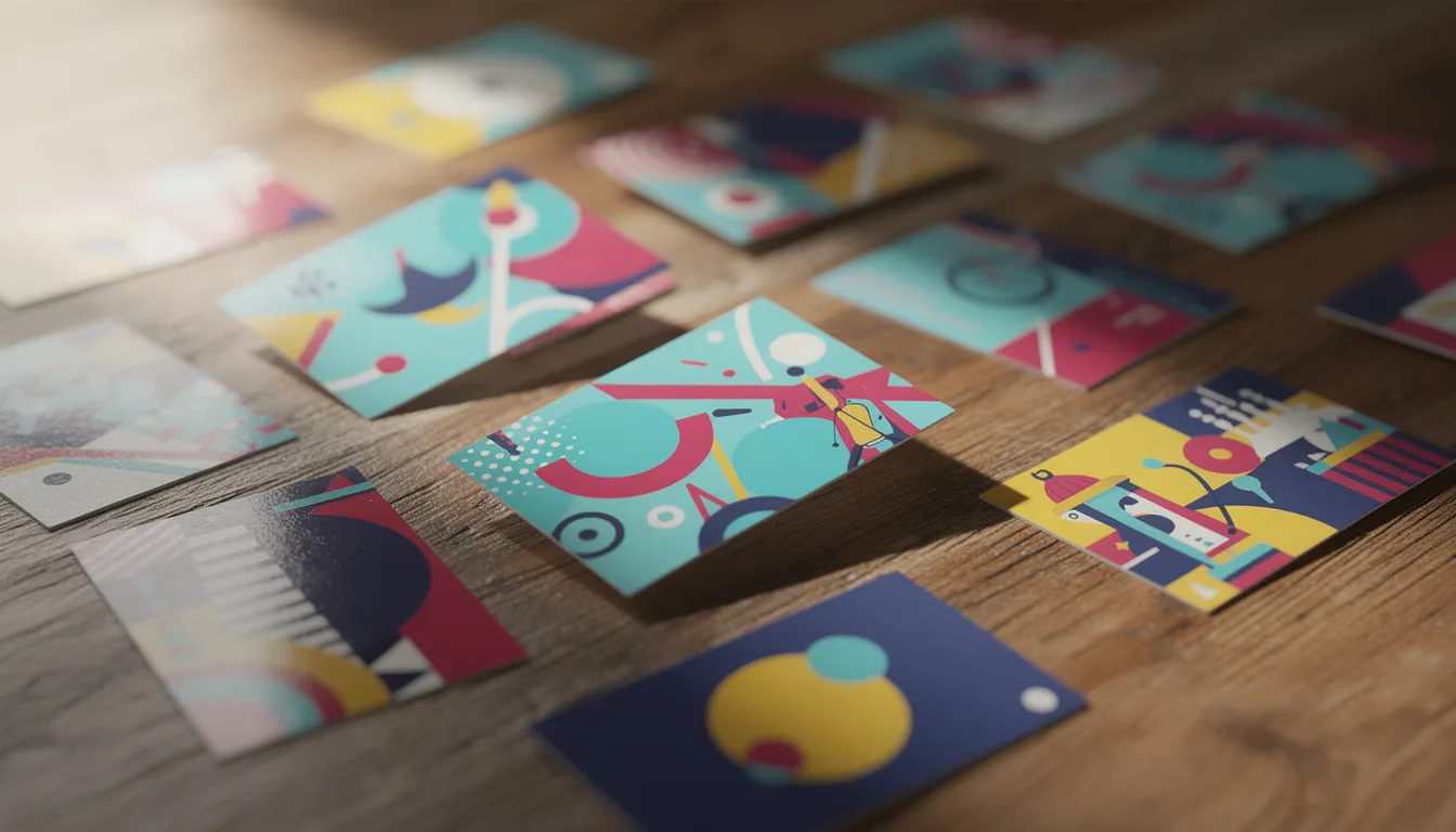 A collection of creative business cards featuring artistic designs and vibrant colors is elegantly displayed on a wooden surface, showcasing various styles and templates that can be customized to make a lasting impression for any business or event. These unique cards invite you to browse and choose options that fit your brand and project needs.