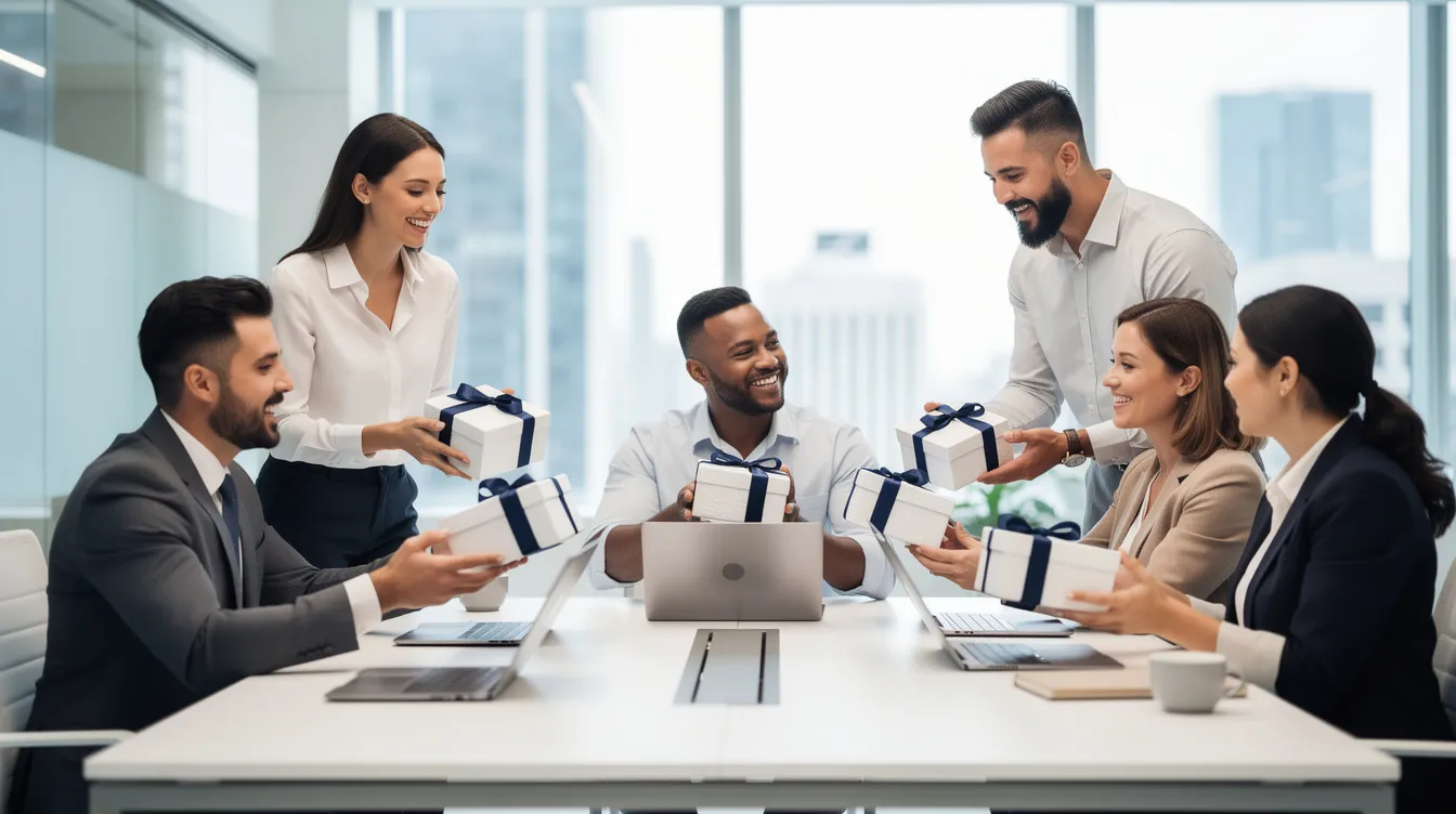 Zespół pracowników w nowoczesnym biurze odbiera eleganckie pudełka z prezentami, co jest częścią obchodów dnia doceniania pracownika. Atmosfera jest radosna, a pracownicy czują się doceniani za swoje zaangażowanie i wkład w codzienną pracę.