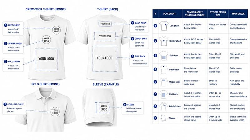 Quick T-shirt logo placement chart for front, back, polo and sleeve designs