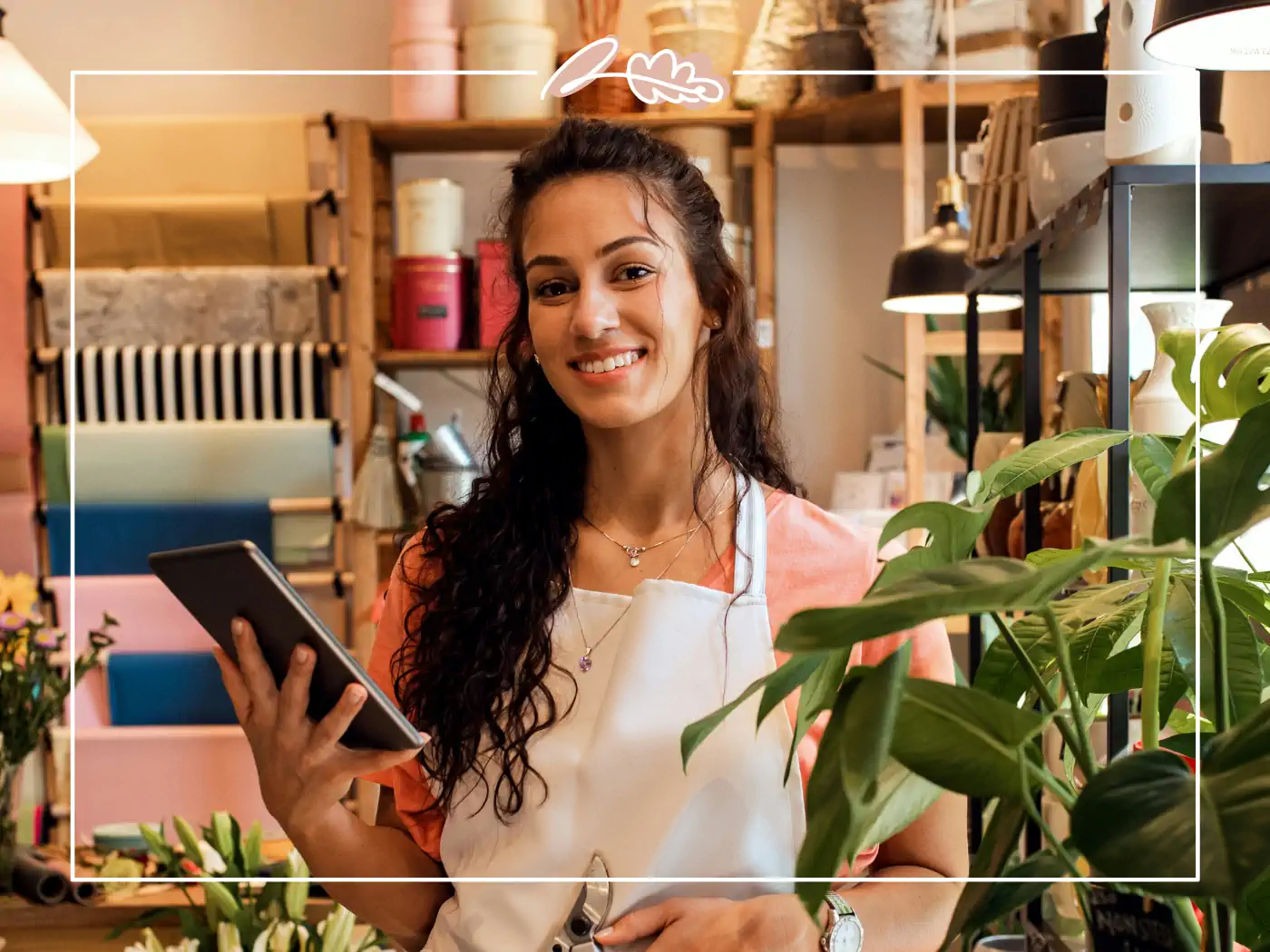 Smiling female florist holding a tablet, surrounded by potted plants and flower arrangements in a cozy shop - Fabulous Flowers and Gifts