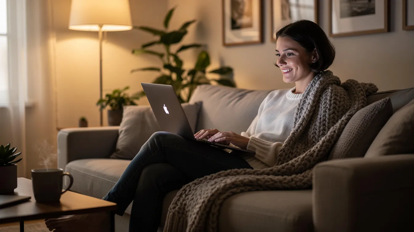 A person is sitting comfortably in their home, engaged in a video call on their laptop, possibly discussing mental health challenges with a therapist. This setting reflects a supportive and safe space for personal growth and emotional regulation.