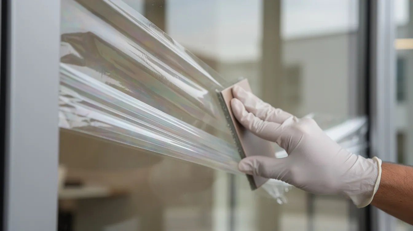 A professional installer wearing gloves is applying a thick multi-layer safety film to a large commercial glass door, designed to enhance security and protect against harmful UV rays. This installation of commercial window film not only provides UV protection but also helps in reducing glare and improving energy efficiency for commercial properties.