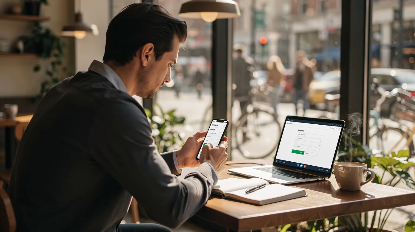 A person is sitting at a cafe table, focused on their smartphone as they complete a financial application for a loan. The scene suggests they are a professional, possibly a 公務員, looking to understand the terms and conditions of their貸款 申請, including details about the利率 and還款 期.