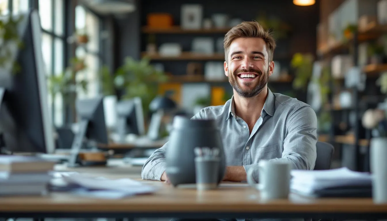 Arbeitstagen pro Woche: In der Abbildung freut sich ein Arbeitnehmer über die Genehmigung seines Urlaubsantrags, während er auf einen Kalender mit einer fünf Tage Woche schaut. Die Szene vermittelt das Gefühl von Freude und Entspannung, da er nun Anspruch auf seine Urlaubstage hat.