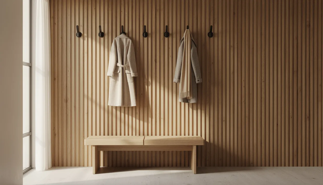 Een warme hal met een houten lattenwand en zwarte kapstokhaken, waar een houten bankje in natuurlijk daglicht staat. De ruimte is functioneel ingericht, ideaal voor het ophangen van jassen en tassen, en biedt een unieke binnenkomst.