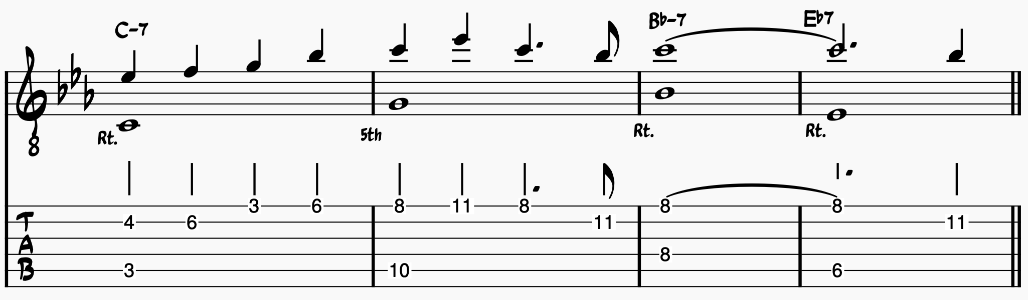 Chord Melody Guitar: There Will Never Be Another You Melody and Bass Notes Version 2; bars 5-8