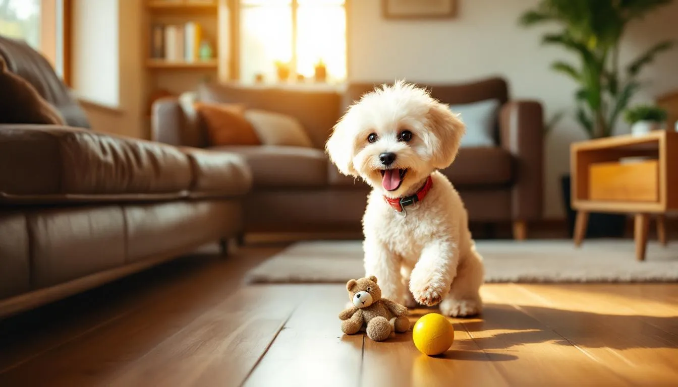 In a cozy living room, a playful teacup poodle is joyfully engaging with small toys, showcasing its adorable looks and energetic nature. The room is warm and inviting, providing a perfect backdrop for this tiny dog
