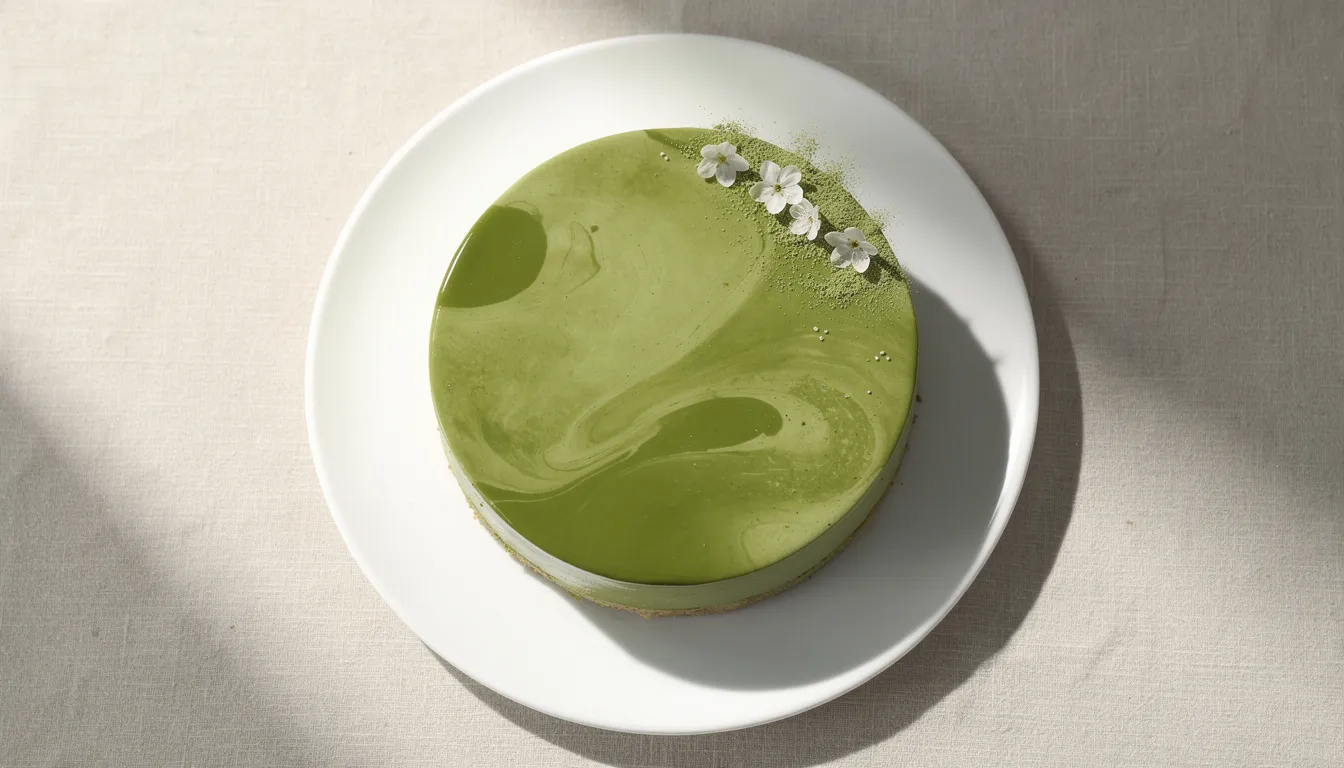 Ein eleganter grüner Matcha-Cheesecake ist von oben auf einer weißen Kuchenplatte fotografiert, die mit minimalistischer Dekoration versehen ist. Die glatte Oberfläche des Kuchens zeigt die charakteristische matcha grüntee Farbe und lässt erahnen, dass er aus Zutaten wie Frischkäse, Joghurt und Matchapulver zubereitet wurde.