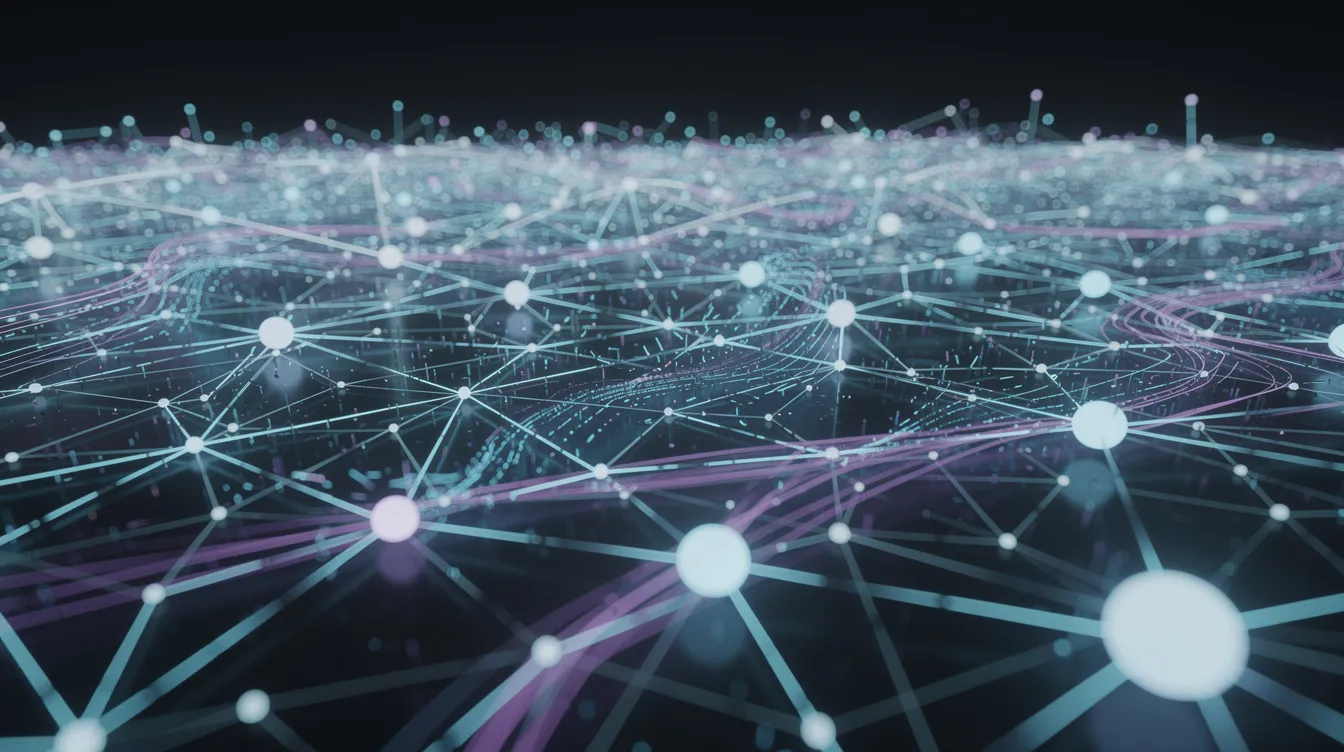 The image depicts an abstract representation of interconnected glowing nodes, symbolizing a network where data flows seamlessly, reminiscent of machine learning models and deep learning frameworks. This visualization illustrates the dynamic computation graphs and data flow essential for training neural networks and optimizing model performance in data science applications.