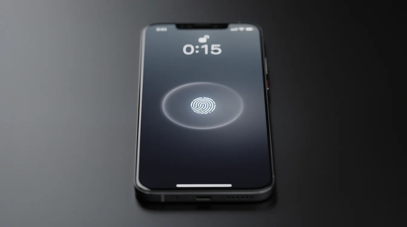 Das Bild zeigt einen Smartphone-Sperrbildschirm mit einem Fingerabdruck-Scanner, der die Möglichkeit zur einfachen Anmeldung ("easy login") bietet. Der Scanner ist deutlich sichtbar und ermöglicht den Zugriff auf das Gerät durch biometrische Authentifizierung.