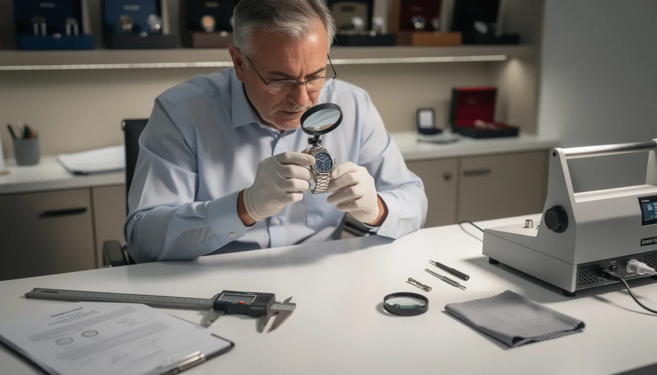 A professional is meticulously examining a luxury watch using a magnifying glass and authentication tools, ensuring its quality and craftsmanship. The watch, possibly from renowned luxury watch brands like Patek Philippe or Rolex, is being assessed for its condition, movement, and resale value, highlighting the importance of authenticity in the world of watch collectors.
