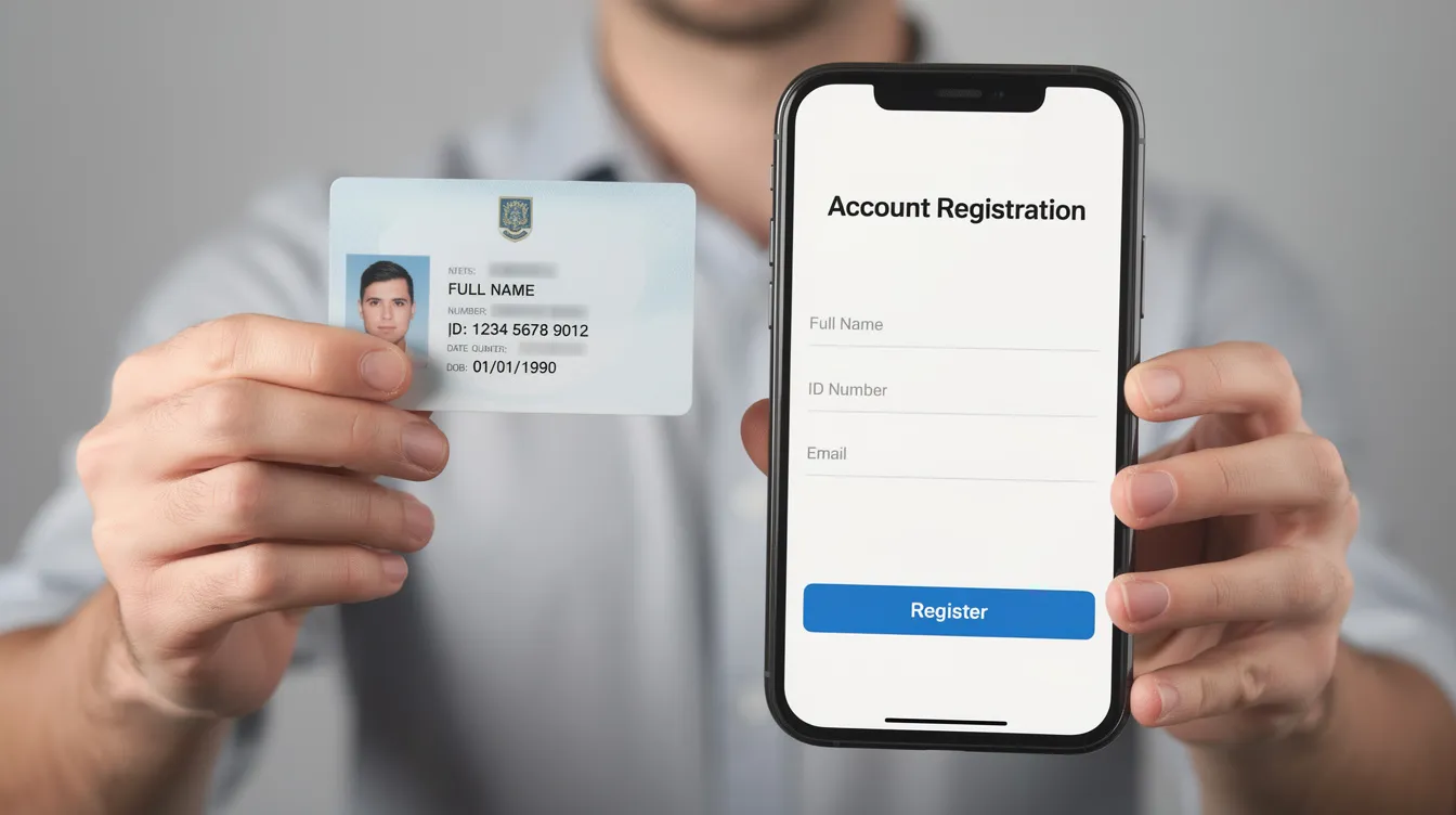 A person is holding a national ID card in one hand while the other hand points to a smartphone displaying a registration screen, possibly for a payment or banking app like bkash. The image captures the importance of identity verification in digital transactions.