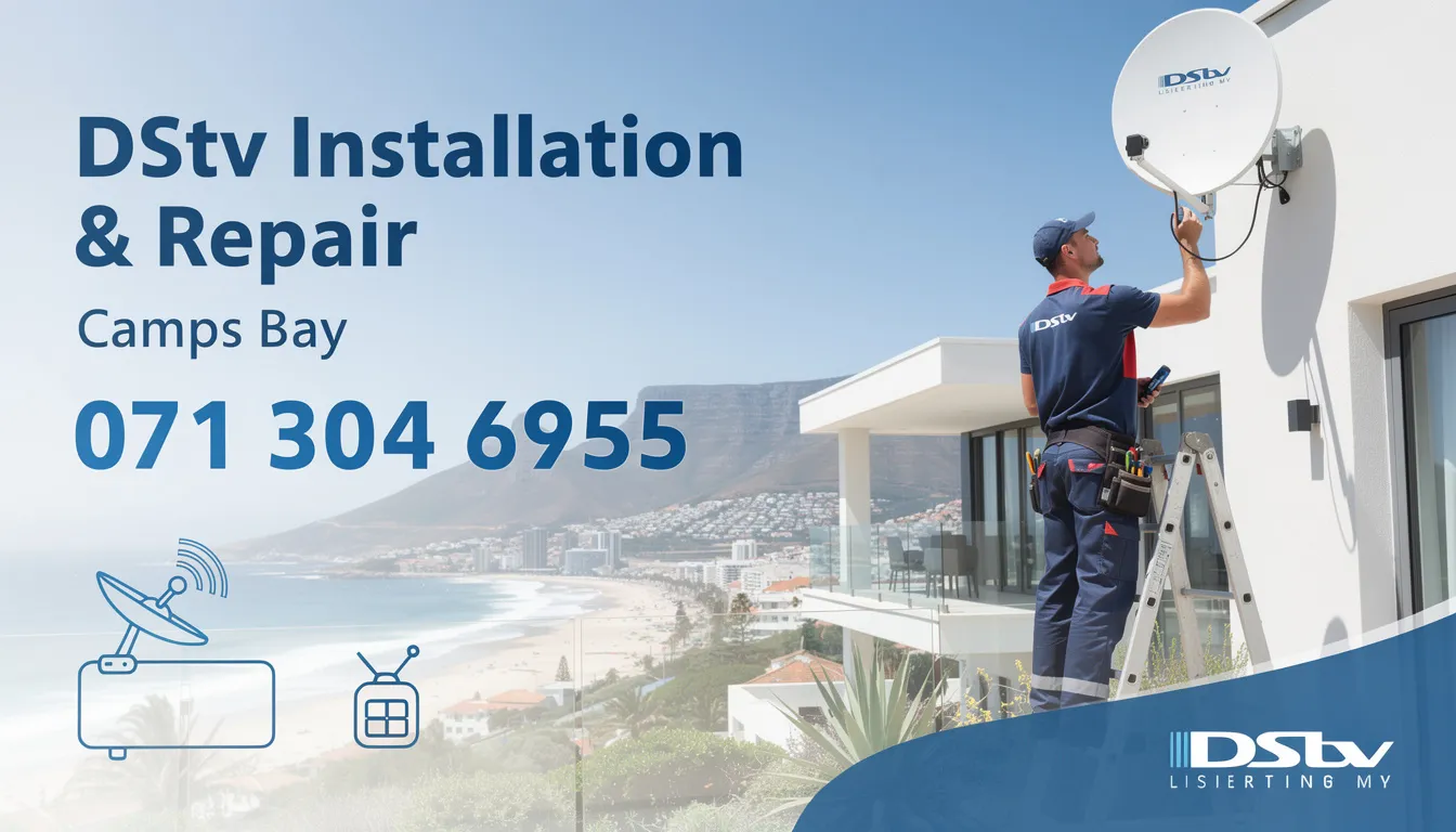 The image depicts a professional DStv installation and repair service in Camps Bay, showcasing skilled technicians working on satellite dish alignment and setup. The scene highlights the commitment to providing exceptional service and customer satisfaction for DStv installations and repairs in the area.