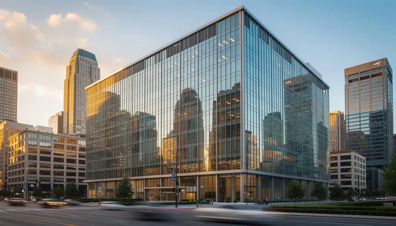 A modern glass office building that reflects the city skyline, symbolizing the concept of institutional real estate portfolios.