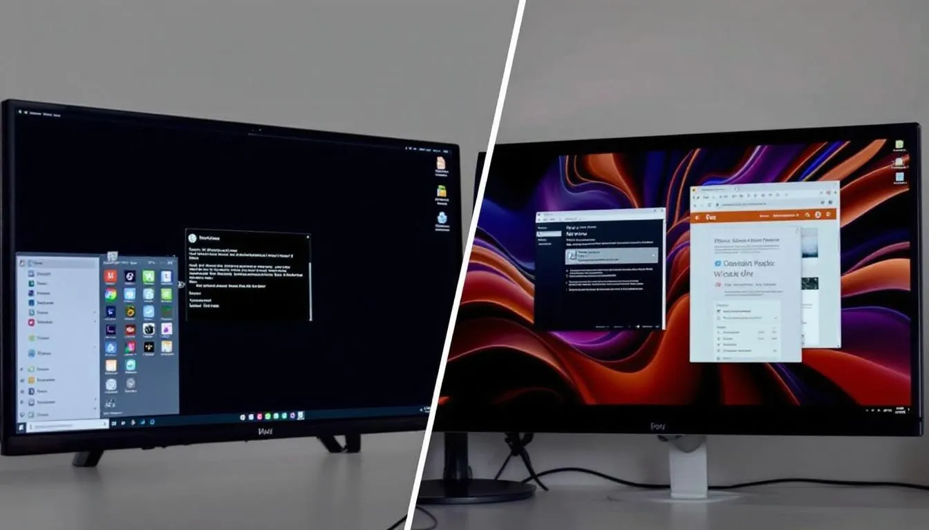Na obrazku widać porównanie dwóch interfejsów systemów Microsoft Dynamics AX i Dynamics 365 na ekranach komputerów. Oba systemy są zaprezentowane w kontekście zarządzania zasobami przedsiębiorstwa oraz efektywności procesów biznesowych.
