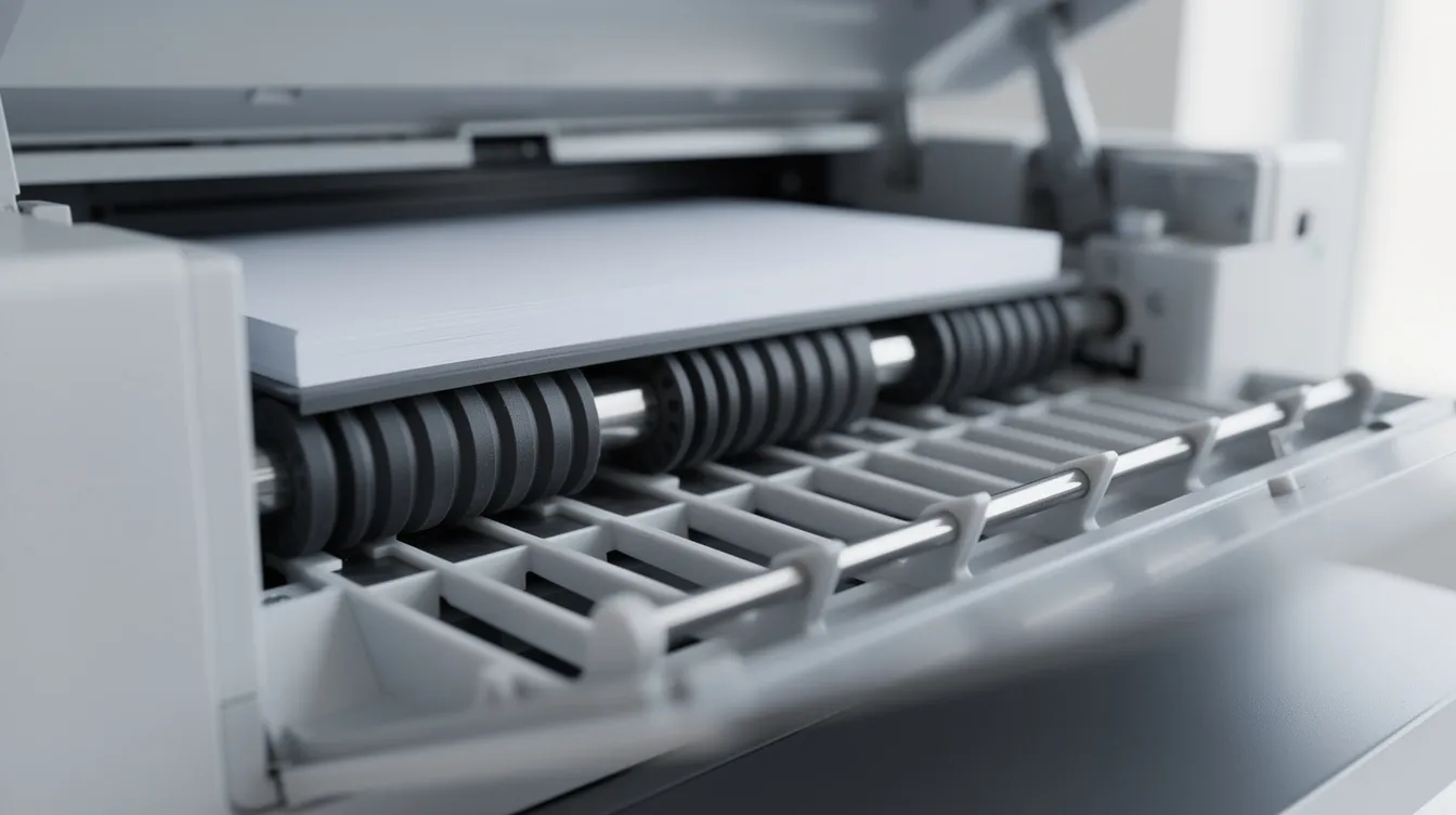 A close-up view of printer paper feed rollers and the internal tray mechanism, showcasing the intricate components that are essential for the smooth operation of laser printers and thermal printers. This image highlights the importance of proper maintenance and repair services to ensure optimal productivity in office environments.
