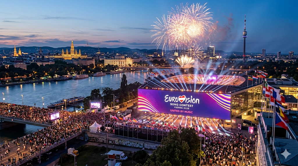 Eurovision Song Contest 2026 i Wien med arena, publik och fyrverkerier inför finalen – guide till eurovision odds, odds på vinnare och betting på Eurovision.