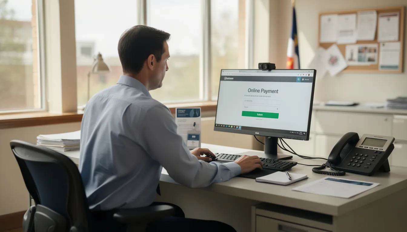 An office worker at a local government facility is processing a digital payment on their computer, using a secure payment service provider to manage transactions efficiently. The scene highlights the integration of technology in finance, supporting clients and ensuring compliance with relevant regulations.