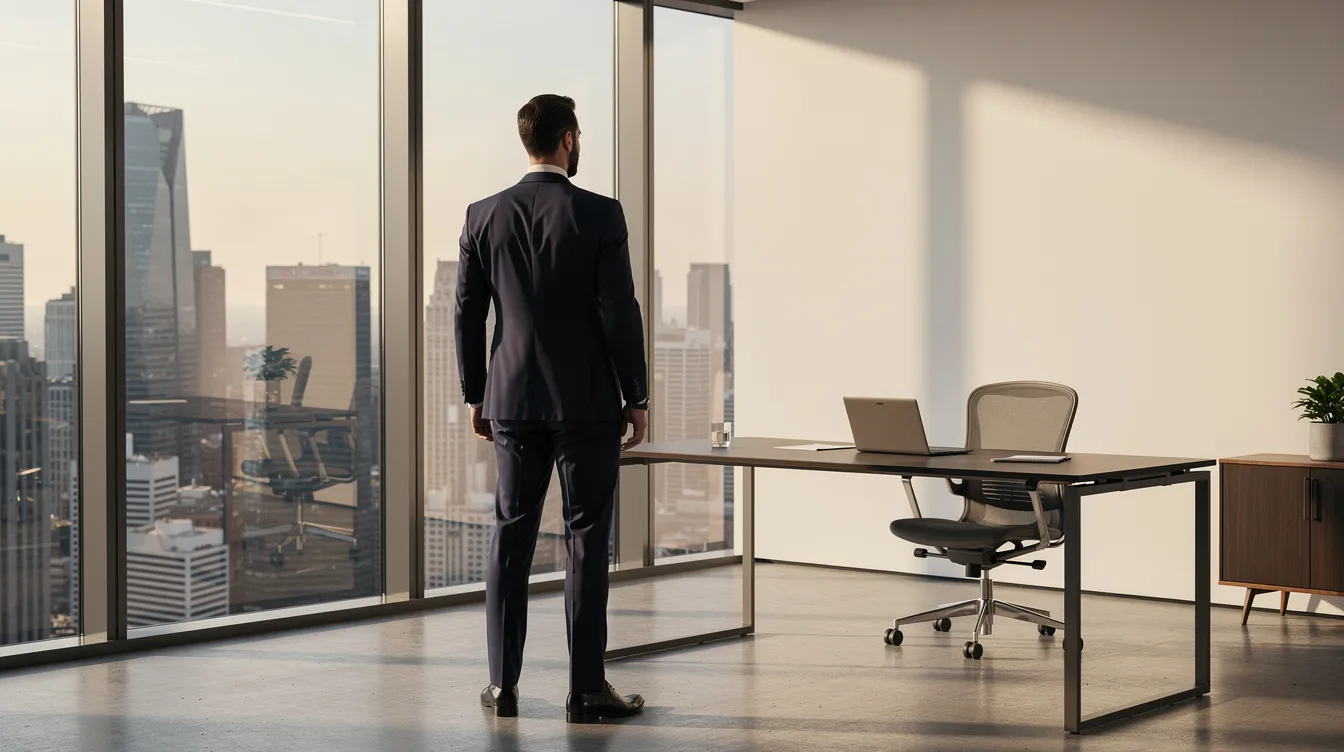A professional executive stands confidently by a floor-to-ceiling window in a modern high-rise office, gazing out at the city skyline. This image reflects themes of executive leadership coaching and the strategic influence necessary for today's leaders to navigate their organization's challenges and drive transformational change.