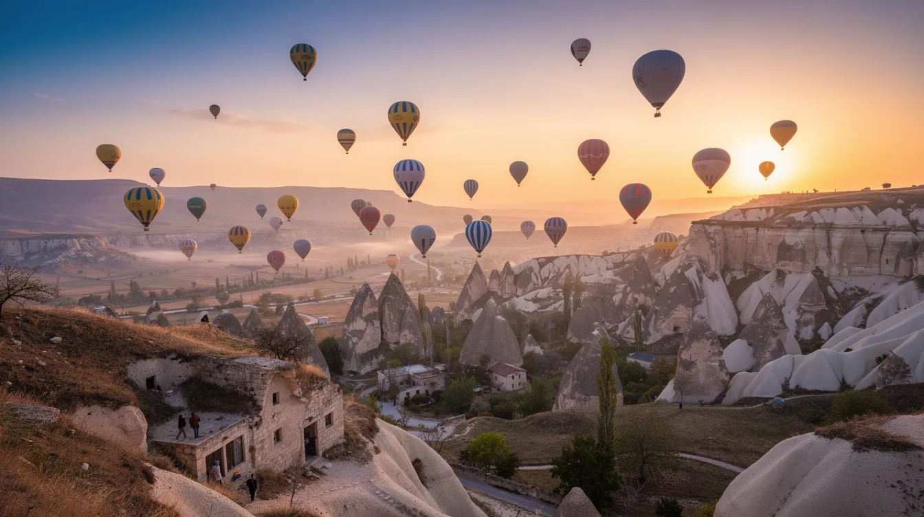 A imagem retrata as icônicas chaminés de fada da Capadócia, na Turquia, com formações rochosas únicas e um céu repleto de balões coloridos. Ao fundo, é possível ver o Museu ao Ar Livre de Göreme, uma das principais atrações da região, rodeada por paisagens deslumbrantes que refletem a história e a cultura da Anatólia Central.