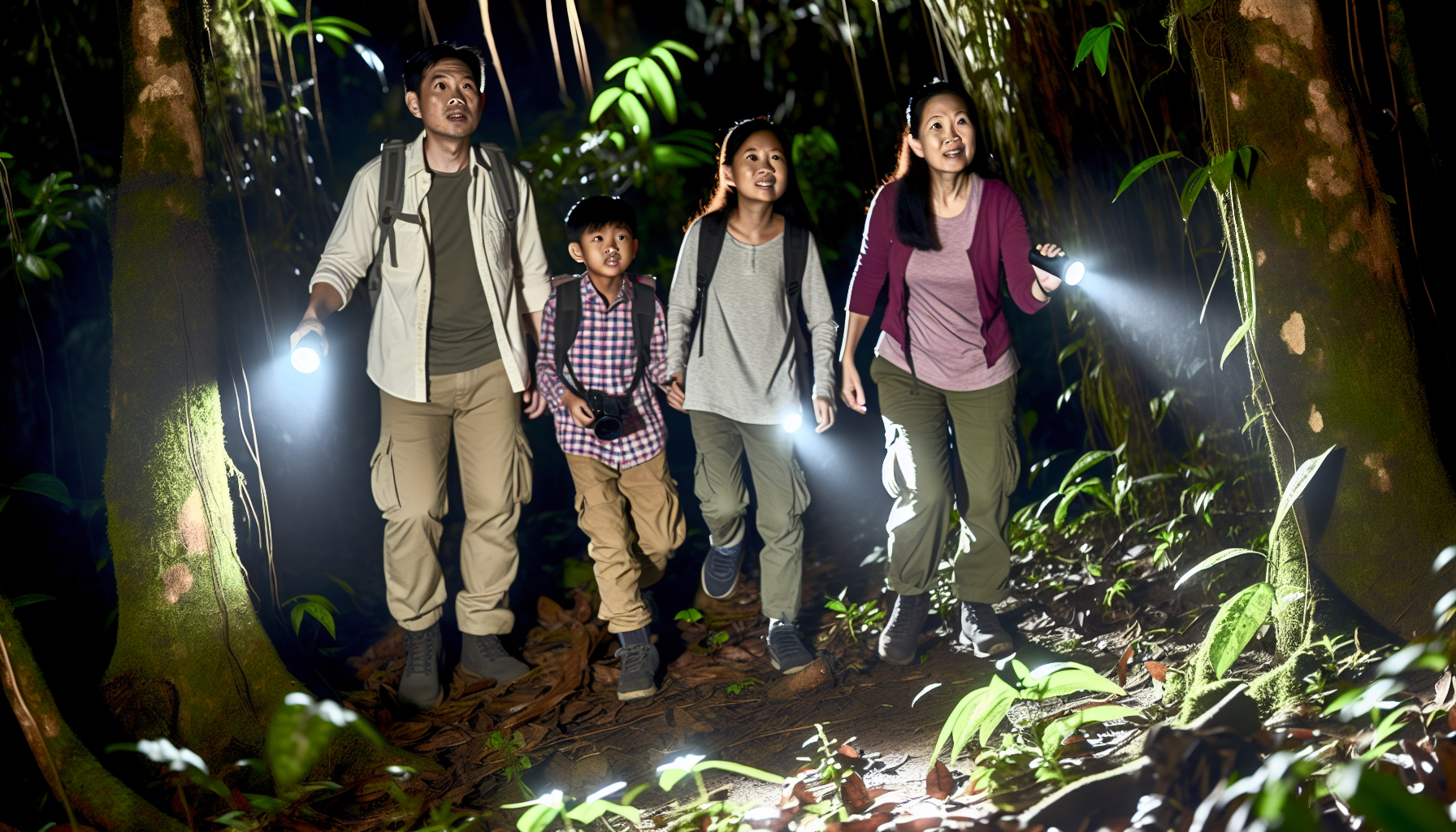 A family participating in a night safari to observe wildlife in Laos