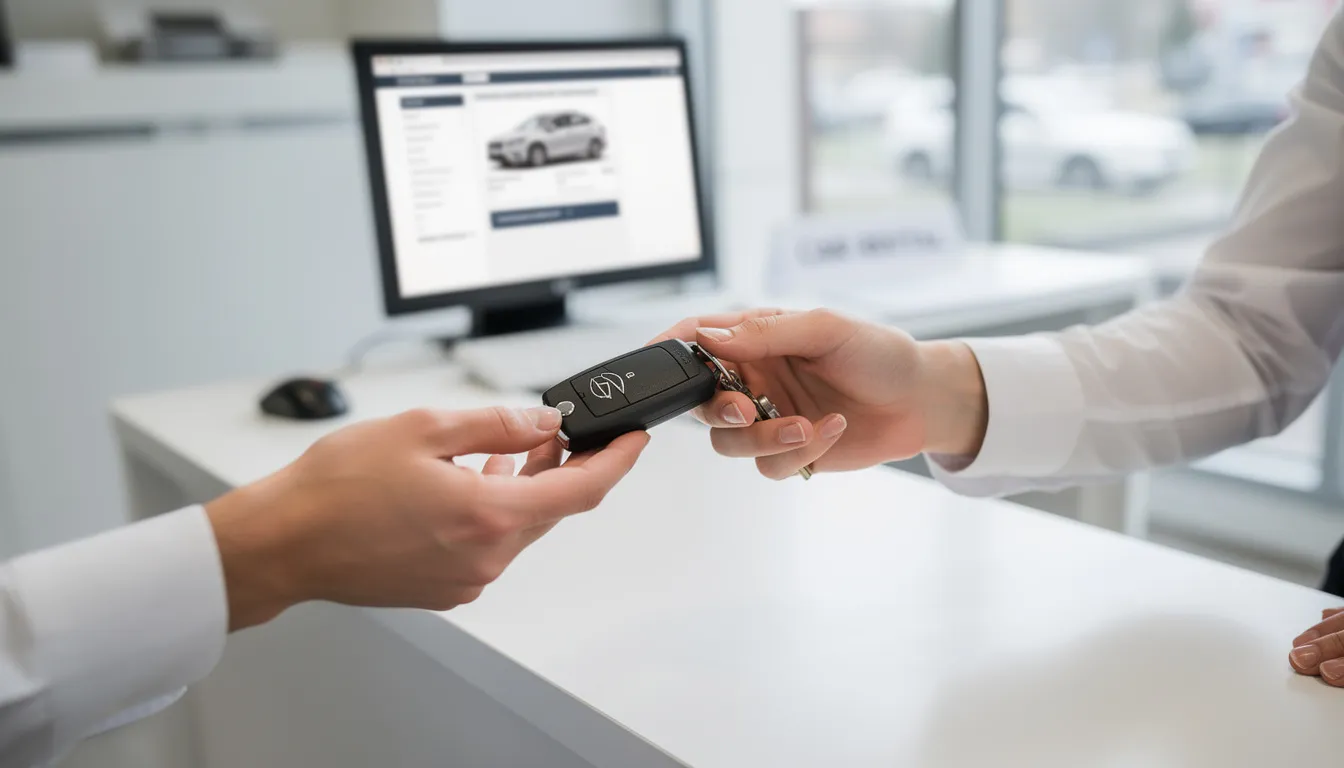 Un gros plan d'une clé de voiture étant remise au comptoir de location, symbolisant le début d'une aventure de voyage. Cette image évoque la location de voiture chez Europcar, où les clients peuvent choisir des options d'assurance pour une tranquillité d'esprit pendant leur trajet.