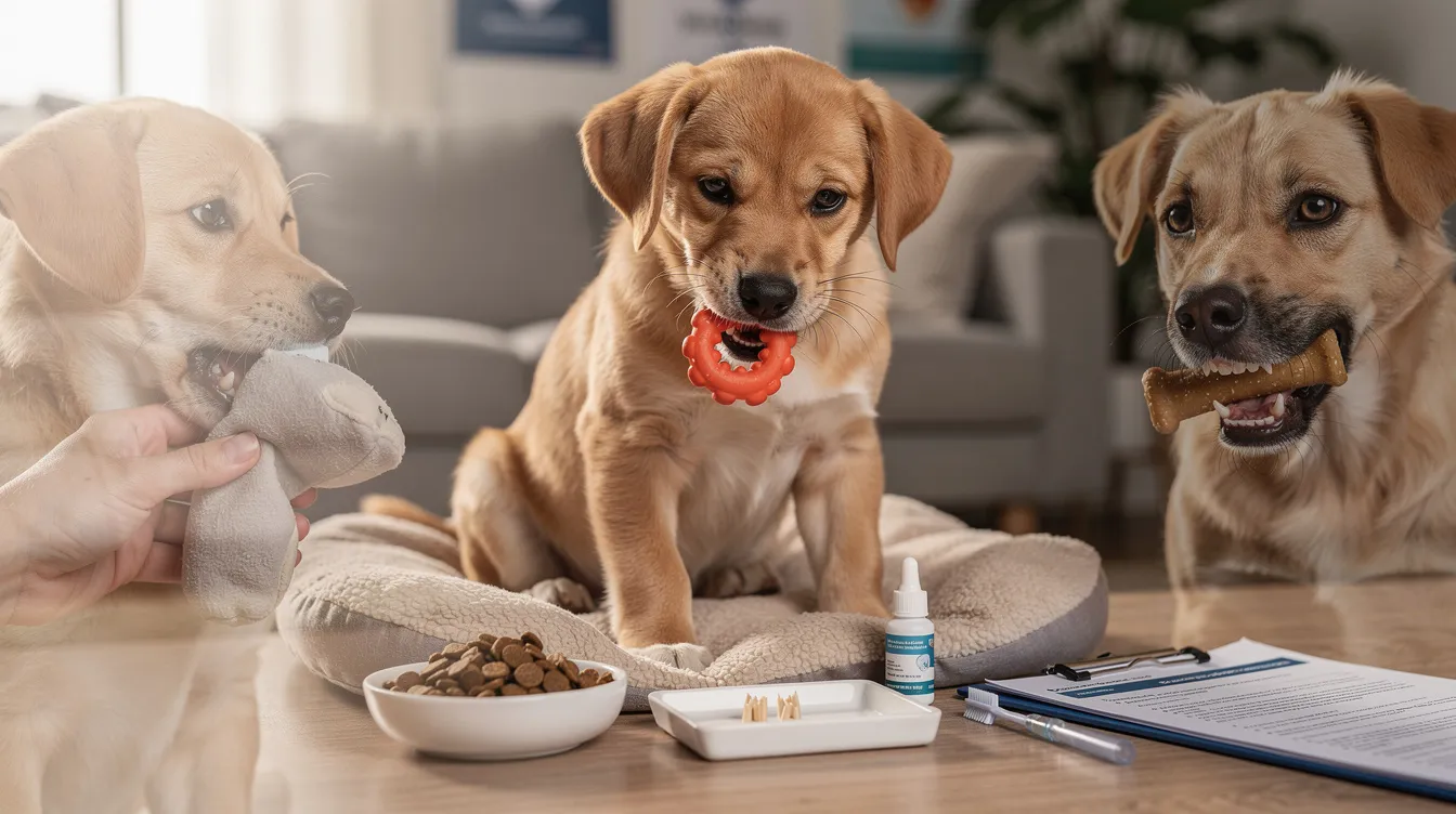 The image depicts a teething puppy surrounded by various safe chew toys, illustrating the puppy teething stages as it experiences sore gums and the transition from baby teeth to adult teeth. The scene captures the natural process of a puppy's dental development, highlighting the importance of appropriate chew toys to soothe sore gums during this phase.