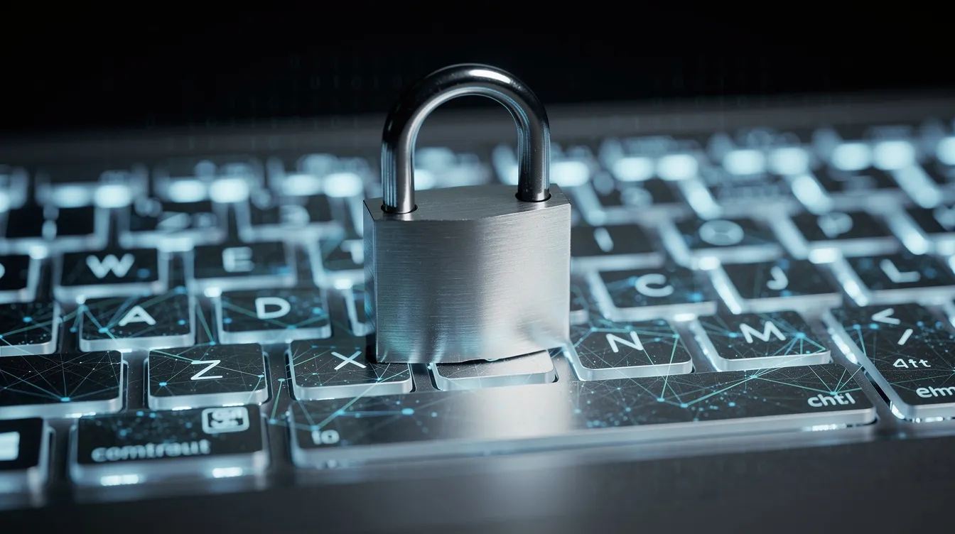 Das Bild zeigt ein Vorhängeschloss auf einer Computertastatur, das symbolisch für digitale Sicherheit steht, insbesondere im Kontext von Krypto Wallets und der Aufbewahrung von Kryptowährungen. Es verdeutlicht die Wichtigkeit von Schutzmaßnahmen wie Zwei-Faktor-Authentifizierung und den sicheren Umgang mit privaten Schlüsseln.