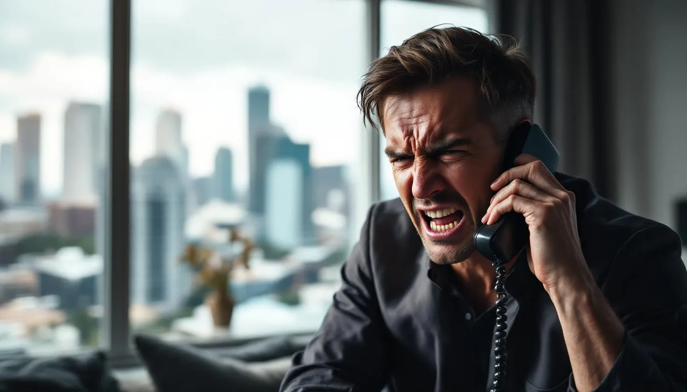 A frustrated homeowner on the phone with an insurance company about a denied claim.