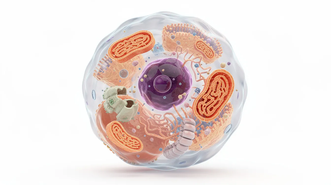 The image depicts a human cell showcasing visible structures of mitochondria, which are essential for cellular energy production and mitochondrial function. This illustration can help in understanding the role of mitochondrial health in overall metabolic health and cellular well-being.